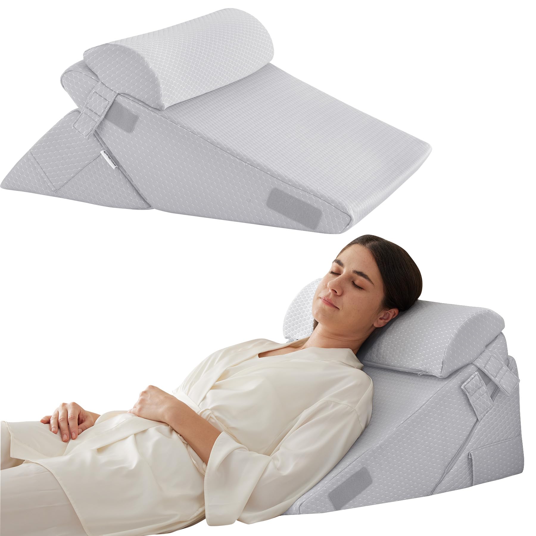 Bedluxe Wedge Pillow Headboard, 3PCS Orthopedic Bed Wedge Pillows Set for After Surgery, Adjustable Pillow Wedge for Acid Reflux&Back Pain Relief, Sleeping, Back Pillow for Bed Sitting Up, White/Grey Dormly