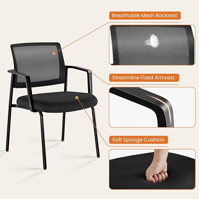 Sweetcrispy Stackable Mesh Guest Reception Chairs - Ergonomic Lumbar Support for Waiting Conference Meeting Room, Office School Lobby and Church, Space Saving, Black