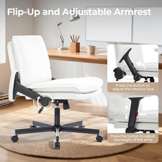 Criss Cross Chair with Flip-Up Arms and Lockable Wheels, Leather Cross Legged Office Desk Chair,Wider 125°Tilting Adjustable Swivel Computer Chair for Home, Apartment, Bedroom,White