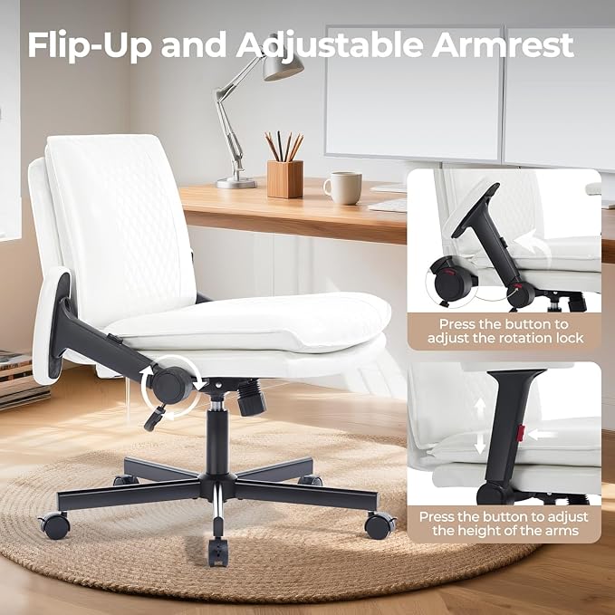 Criss Cross Chair with Flip-Up Arms and Lockable Wheels, Leather Cross Legged Office Desk Chair,Wider 125°Tilting Adjustable Swivel Computer Chair for Home, Apartment, Bedroom,White