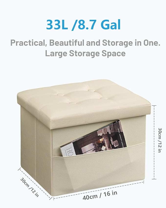 AmasSmile Storage Ottoman Folding Foot Rest Stool with Side Pocket, 16 inches Leather Footstool Bench, Short Ottoman Bench, Storage Foot Rest Store, Books, Beige