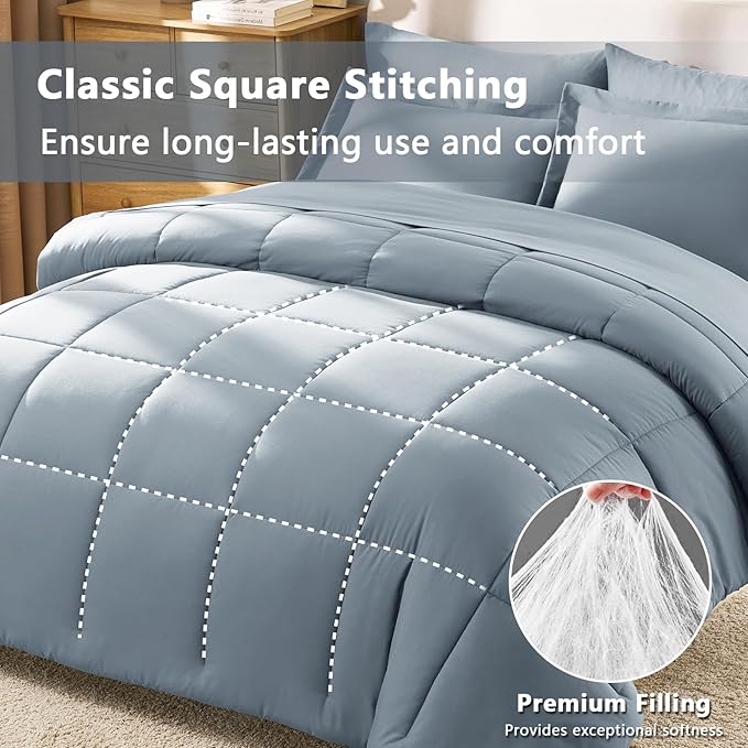 CozyLux Full Size Comforter Sets Grayish Blue - 7 Pieces Bed in a Bag Full, Oeko-Tex Certified Bed Set, All Season Soft Bedding Set with Down Alternative Comforter, Sheets, Pillowcases & Pillow Shams