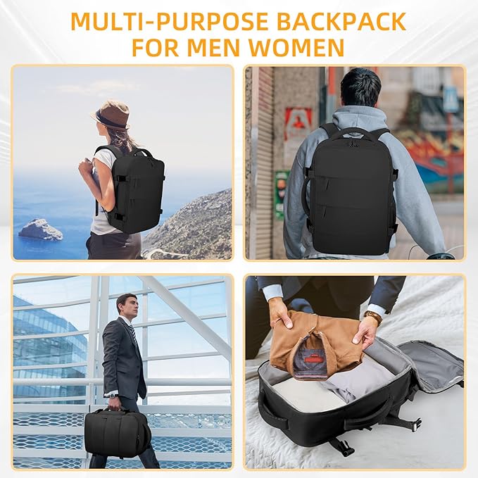 Travel Backpack For Women Men Airline Approved Carry On Backpack, Waterproof Outdoor Sports Rucksack Weekender Overnight College Business Backpack Fits 15.6 Inch Laptop - Black