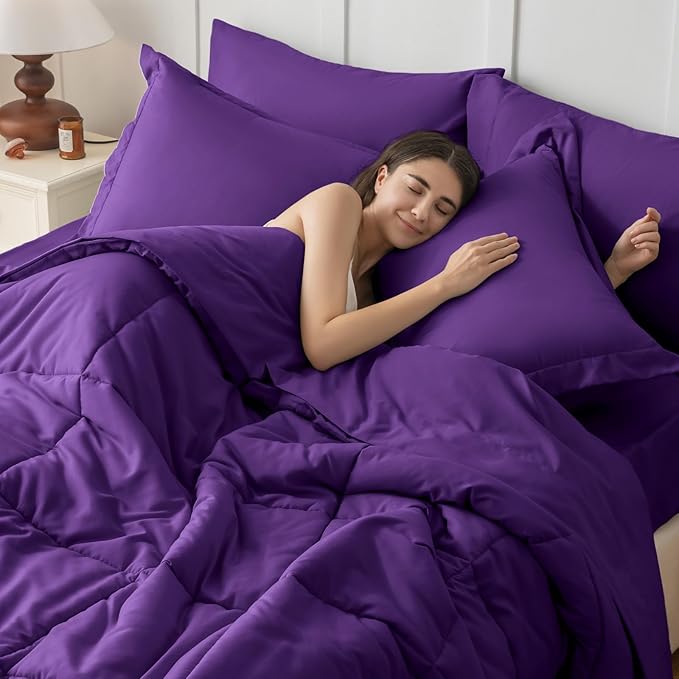 JOLLYVOGUE California King Comforter Set, Ultra-Soft Bed in a Bag Cal King Size 7 Pieces, Oeko-TEX Certified Bedding Set with Down Alternative Comforter, Sheets, Pillowcases & Shams, Purple