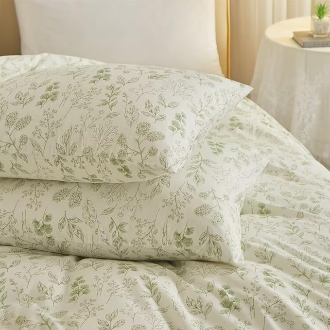 MKXI Country Botanical Comforter Set King Size White with Green Plants Print Lightweight Bedding for Girls All Season Warm Soft Comforter Sage Green Floral
