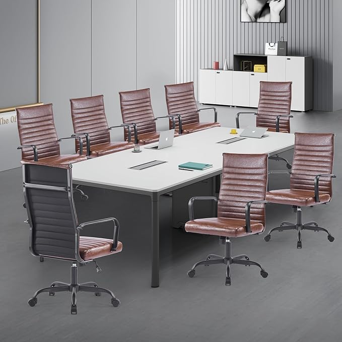 Office Chair, Ergonomic Executive Conference Room Chairs, Ribbed Leather Desk Chair with Lumbar Support, Adjustable Height Mid-Back Swivel Chair with Padded Seat