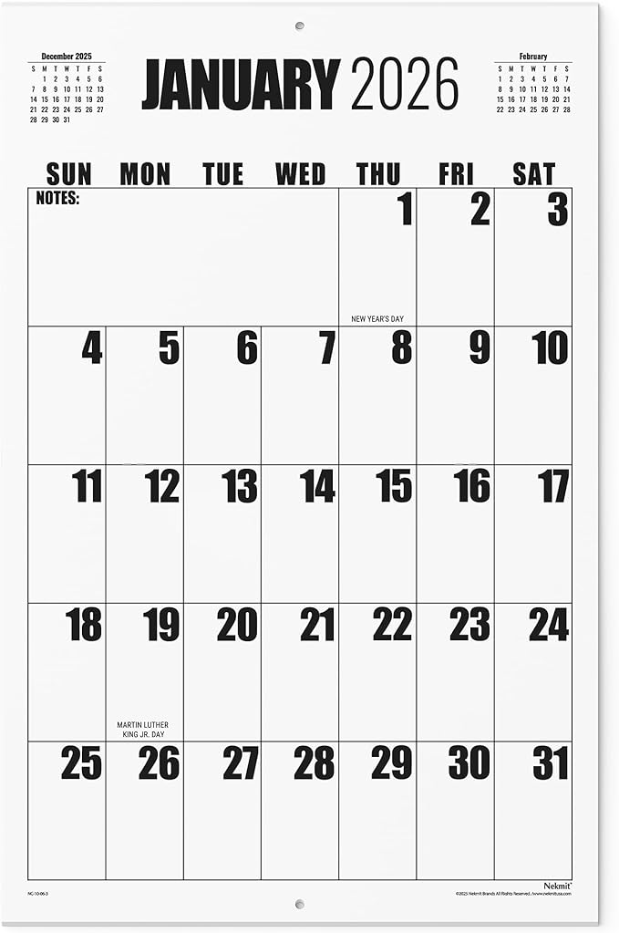 Wall Calendar 2026, Nekmit Calendar 2026 from January 2026 - December 2026, 22 3/4" x 14 3/4", Large Print Big Grid Wall Calendar, Perfect for Organizing & Planning