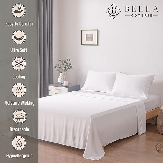 Bella Coterie Luxury Bamboo Viscose Queen Size Sheet Set | 100% Organically Grown | Ultra Soft | Cooling for Hot Sleepers | 18" Deep Pocket [White]
