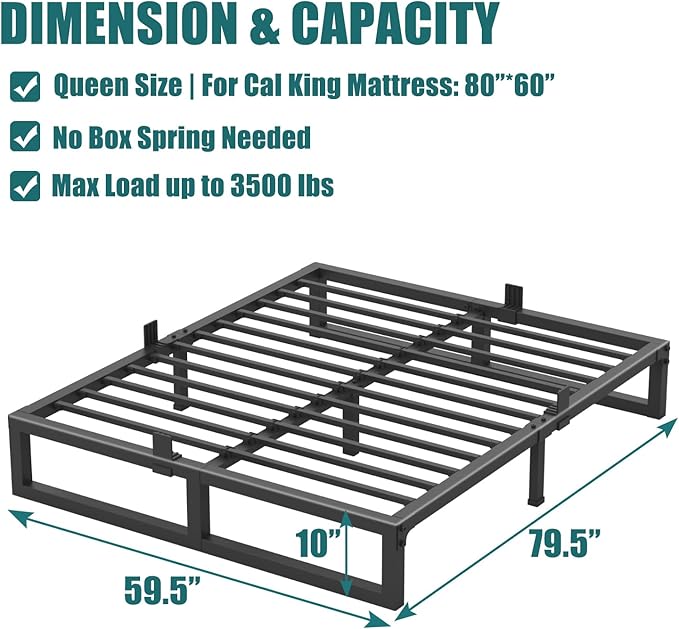 10 inch Queen Bed Frame Low Profile Metal Platform with Mattress Slide Stopper,Heavy Steel Slats Support Frames,No Box Spring Needed,Noise Free,Non-Slip,Easy Assembly