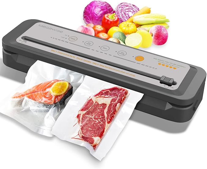 MEGAWISE Vacuum Sealer Machine, 2025 Model with 80kPa Suction Power, One-Touch Operation, Built-in Cutter, Compact Design, Vacuum Bags Included (Grey) (16.14 x 4.02inch)