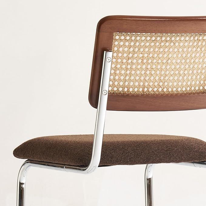 Natural Rattan Counter Height Stools Set of 2 with Solid Wood Back, 29 Inch Mid Century Modern Cesca Bar Stools, Brown Upholstery Boho Stool for Kitchen Counter with Chrome Metal Legs