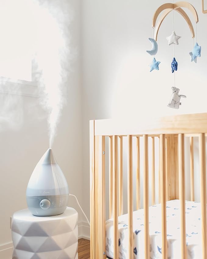 Crane Ultrasonic Teardrop Cool Mist Humidifier, Large 1 Gal Tank, Automatic Shut-Off, Baby Humidifiers for Nursery and Bedroom, Grey