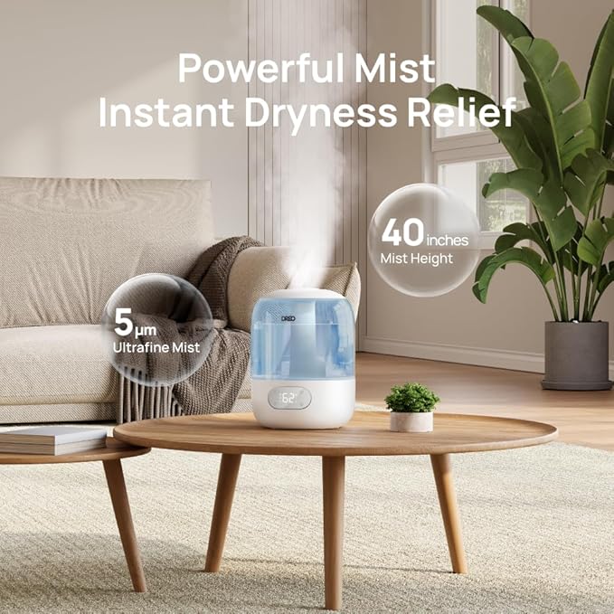 Dreo Humidifiers for Bedroom, Cool Mist Ultrasonic Humidifiers with 30Hr Runtime, Top Fill 3L Tank, Easy Clean, Humidity Sensor, Night Light for Baby, Nursery, 360° Nozzle for Plants and Home, Blue