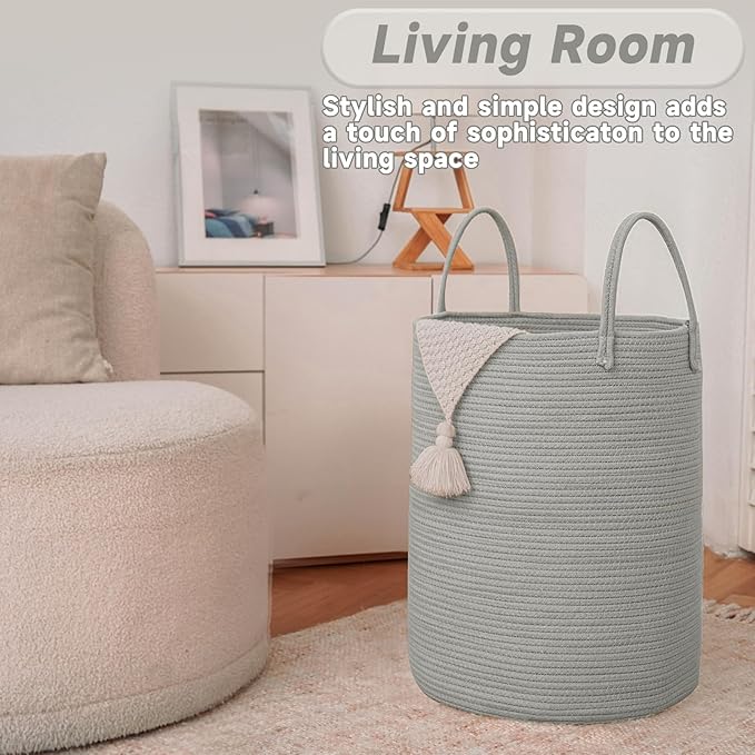 Large Woven Laundry Basket Hamper,100L Cotton Rope Storage Bin for Blankets,Toys and Clothes,Decorative Tall Nursery Hamper for Living Room,Baby Nursery,Bathroom and Bedroom,Grey