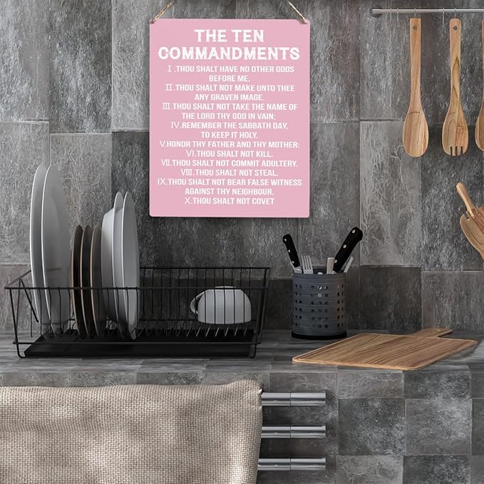 YCYD Ten Commandments Decor,10 Commandments Desk Poster, Christian Bible Verse Decor Religious Home Rustic Wooden Box Sign for Living Room Bedroom Office 10 x 8 Inches pink