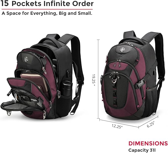 Swissdigital Design Laptop Backpack with USB Charging Port, Travel Backpack Fits 15.6 inches Computer, 31L College School Backpack for Women, Burgundy/Black | SD803-44