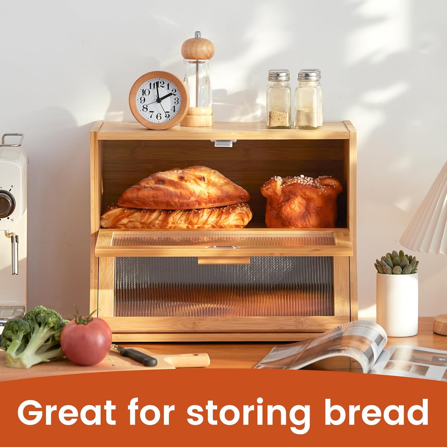 GHWIE Double Layer Bamboo Bread Box for Kitchen Counter,Large Capacity Bread Storage Bin,Bread Container with Acrylic Wavy Door Panel (Natural, Medium)