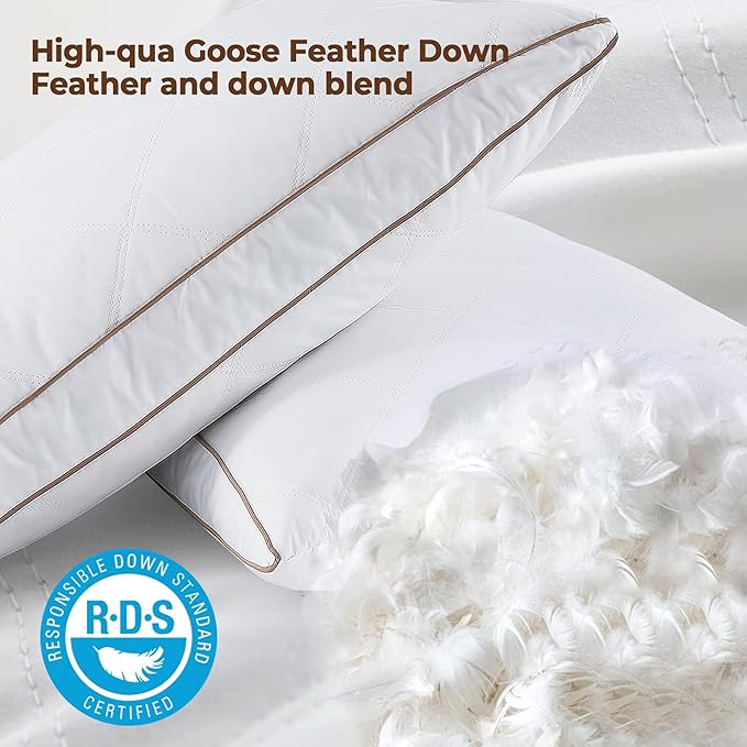 WOLKI Feather Pillows Queen Pillows Set of 2, 100% Soft Cotton Cover Bed Pillows, Hotel Pillow for Back, Stomach or Side Sleepers