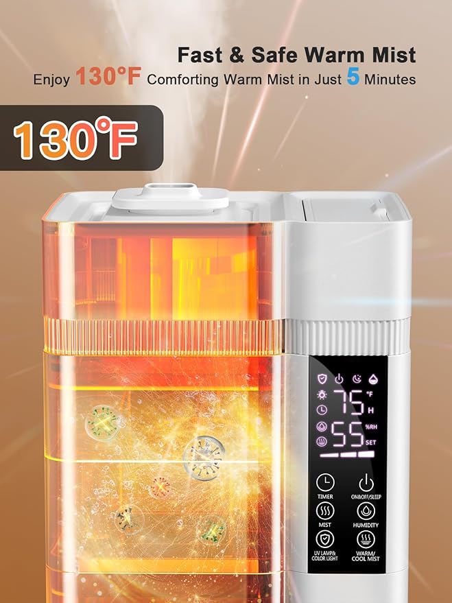 13L/3.4Gal Humidifiers for Bedroom, Ultrasonic Warm & Cool Mist Humidifier Large Room, Covers 800ft², 72H Runtime, 24H Timer, 3 Mist Modes Top Fill Quiet Humidifiers for Home, Office, White