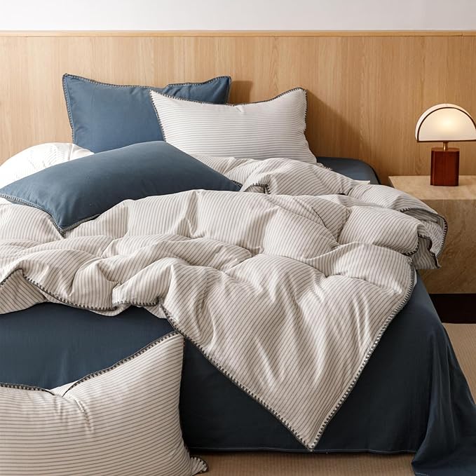 VM VOUGEMARKET Grey Blue Striped Duvet Cover King Yarn Dyed Muslin Cotton Duvet Cover with Embroidered Edge Super Soft Cozy Bedding Set for Men Women,King Size