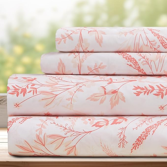 DREAMCARE Queen Size Sheets - Floral Sheets Queen Size Bed Set - 4pcs Queen Sheet Set - Cooling Bed Sheets - Queen Size Sheet Sets - Soft & Long Lasting 100% Brushed Floral Bed Set - Floral Pink DREAMCARE