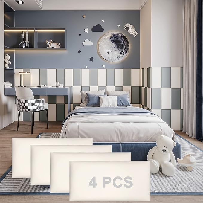 Peel and Stick Headboard White Upholstered Wall Panels Pack of 4 Panels 3D Anti-Collision Wall Padding Wall Mounted headboard Soundproof Wall Panels