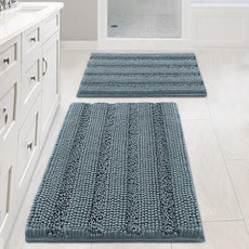 Non Slip Thick Shaggy Chenille Bathroom Rug Mat Set Extra Soft and Absorbent Striped Floor Rugs, 2 Piece, Machine-Washable