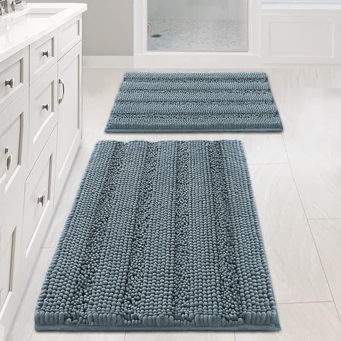 Non Slip Thick Shaggy Chenille Bathroom Rug Mat Set Extra Soft and Absorbent Striped Floor Rugs, 2 Piece, Machine-Washable