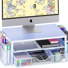 OPNICE Desk Organizers and Accessories, 2-Tier Computer Monitor Stand Riser with Drawer and 2 Pen Holders, Laptop Stand, Office Desk Accessories for Office Supplies, Blue
