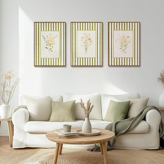 KISSFOX 3 Piece Framed Wall Art Floral Wall Decor Wildflower Canvas Wall Art Flower Pictures Boho Botanical Paintings Green Poster Wall Decor For Girly Room Bedroom Apartment Dorm Living Room