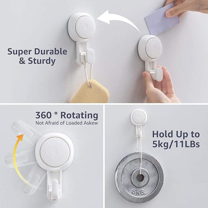 LEVERLOC Heavy Duty Suction Cup Shower Hooks 4 Pack, Damage-Free Shower Hangers for Inside Bathroom Wall, Powerful Vacuum Suction Towel Hooks, Loofah Holders, Easy to Install and Remove, White