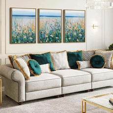 Blue Seaside Cyan Floral Wall Decor Wildflower Canvas Painting Framed Floral Prints Decor for Living Room Bedroom 16x24 Inch Set of 3