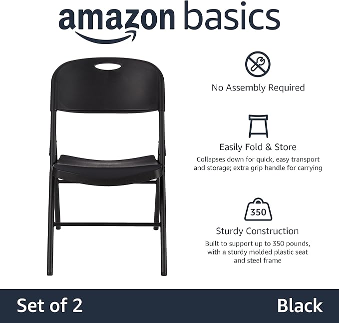 Amazon Basics Foldable Portable Sturdy Folding Plastic Chair, 350-Pound Capacity, Black, 2-Pack