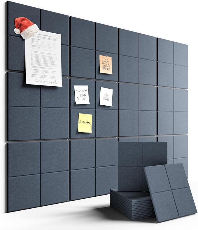 Large Felt Bulletin Board 48" x 36", 12-Pack 4-Compartment Wall Organizer, Cork Board Alternative with 70 Removable Adhesive Tabs, Modular Felt Panels for Home Office, Classroom and Study-Navy Blue