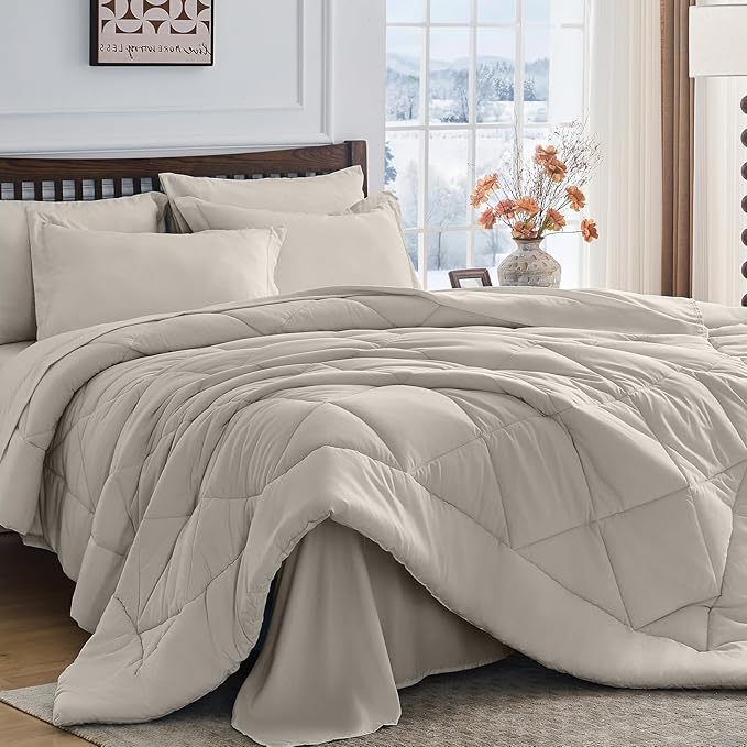 HEVUMYI Oatmeal Twin-XL Comforter Set - 5-Piece All Season Bed in a Bag Twin-XL, Ultra Soft Bedding Set with Comforter, Flat Sheet, Fitted Sheet, Pillowcases, Pillow Shams