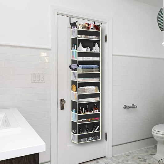 Over The Door Hanging Organizer 6-Shelves and 12 Side Pockets, Over The Door Storage Organizer, Back of Door Organizers for Baby Accessories and Children's Toys (13"x5"x54", Black)