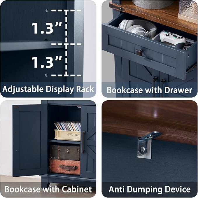 72in Tall Bookshelf 7 Tier Bookcase with Drawer and Barn Doors and Adjustable Shelves, Blue Farmhouse Book Shelf with Storage Cabinet, Wood Freestanding Display Bookshelves for Living Room