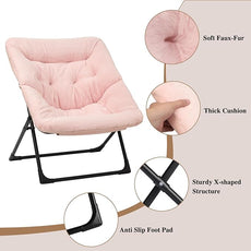Comfy Saucer Chair for Adults, Soft Faux Fur Bedroom Chair with Ottoman, Accent Dorm Chairs, Living Room Reading Chairs and Footstool, Folding Lounge Seat for Teens, X-Large, Light Pink