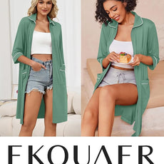 Ekouaer Zipper Robes for Women 3/4 Sleeve Housecoats Knee Length Bathrobe Lightweight Nightgown with Pockets S-3XL