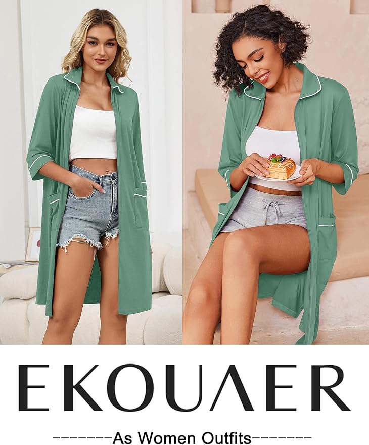 Ekouaer Zipper Robes for Women 3/4 Sleeve Housecoats Knee Length Bathrobe Lightweight Nightgown with Pockets S-3XL
