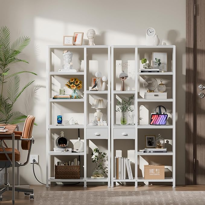 Furologee 6 Tier Bookshelf with USB Ports and Power Outlet, Book Shelf with Charging Station, Bookcase with Drawer, Storage Shelves for Bedroom,Home Office, Living Room, Bathroom, White