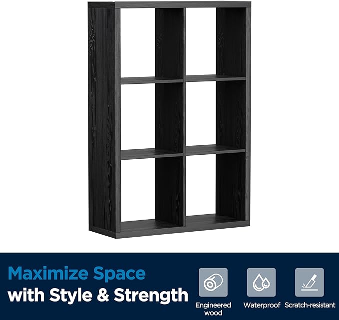6 Cube Storage Organizer, 2x3 Cube Bookshelf, Cubby Storage Shelf, Wooden Organizer Shelf with Thickened Boards, for Closet Bedroom Home Office Living Room, 36.93" L x 9.37" W x 25.12" H, Black