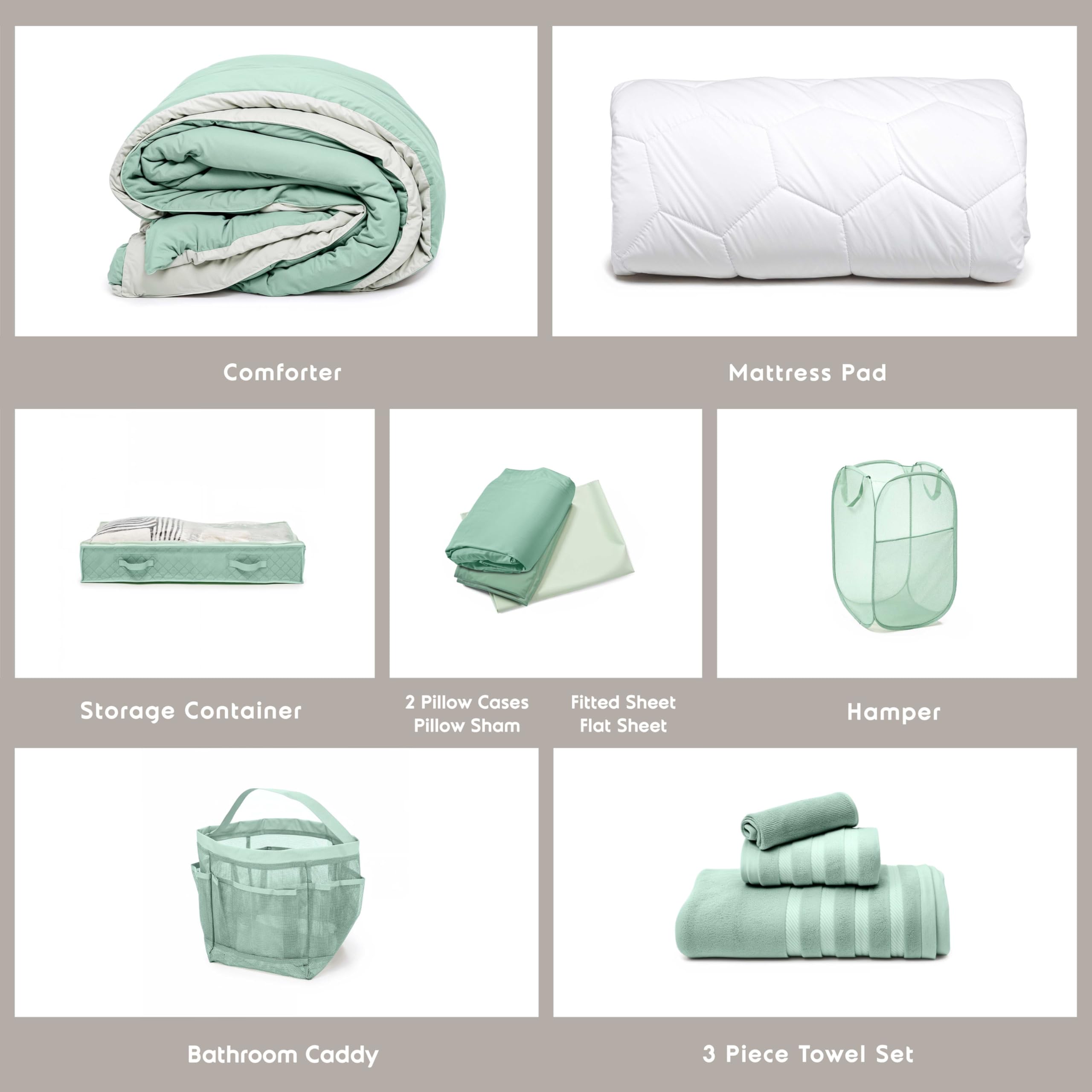 Hearth & Harbor Complete Dorm Room Set, Twin XL Comforter Set, Sheet Set, Mattress Protector, Towels and Organizers - All Dorm Accessories Included Dormly