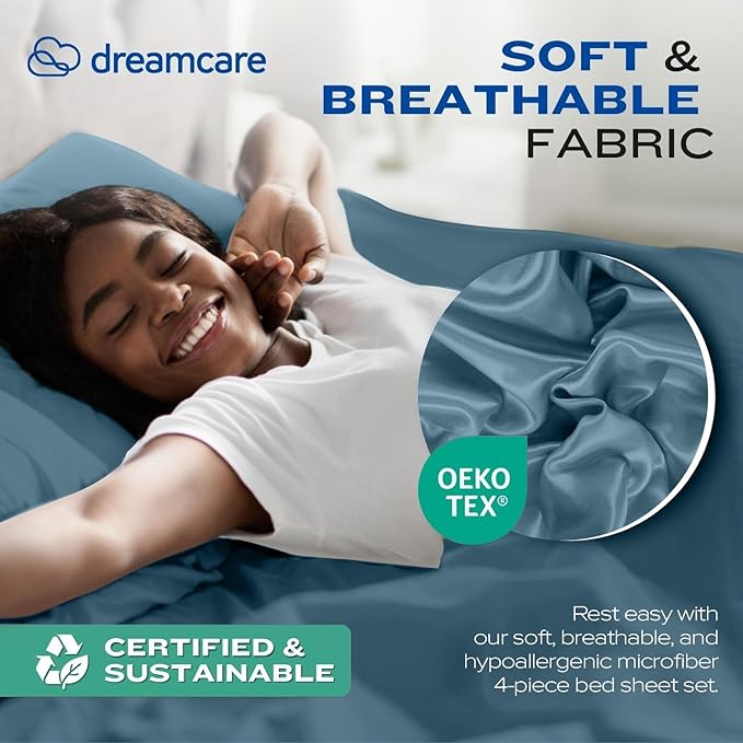 DREAMCARE Full Size Sheets Set - 4 Pcs Cooling Bed Sheets with Up to 15" Deep Pockets - Soft, Long-Lasting 100% Brushed Polyester with Side Pocket (Mineral Blue) DREAMCARE