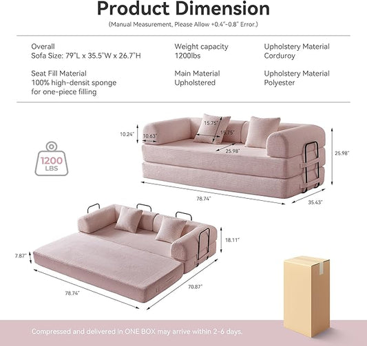 Compression Sofa, Cloud Sectional Sofa,Sofa Bed, Boneless Modular Sectional Sofa with 2 Pillow, Comfy Fluffy Couch with Futon Bed, Perfect for Living Room, Small Space (Pink)