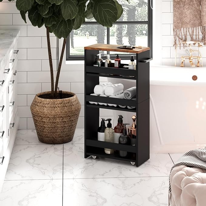 TEAMIX 4 Tier Slim Storage Cart with Handle, Slide Out Storage Rolling Utility Cart Mobile Shelving Unit Organizer Trolley for Small Spaces Kitchen Laundry Narrow Places (Black+Brown, 7-7/8'' W)