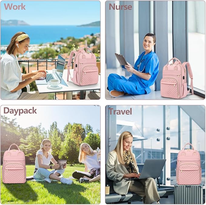 Laptop Backpack for Women Work Bag - 15.6 inch Travel Backpack with USB Charger Business Computer Backpacks for Office College Back pack for Teacher Casual Waterproof Bookbag for Nurses Pink