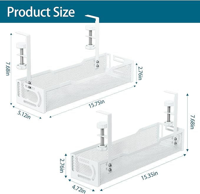 2Pack Under Desk Cable Management Tray, No Drill Mesh Desk Cable Tray, Wire Management Tray Cable Management Rack, Wire Organizer and Cable Management Box (White)