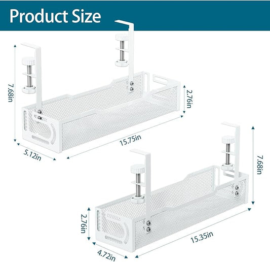 2Pack Under Desk Cable Management Tray, No Drill Mesh Desk Cable Tray, Wire Management Tray Cable Management Rack, Wire Organizer and Cable Management Box (White)