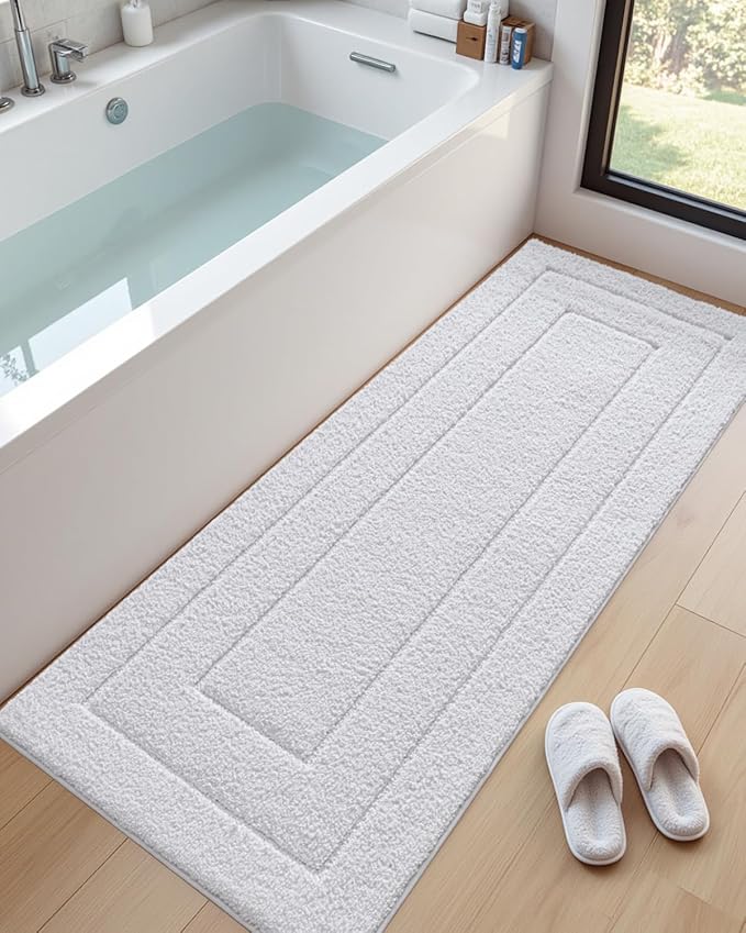 DEXI Bathroom Rug 60x24, Non Slip Washable Bath Mat Runner for Shower Floor, Extra Long Absorbent Soft Bathmat with Rubber Backing, Quick Dry Microfiber Carpet, White